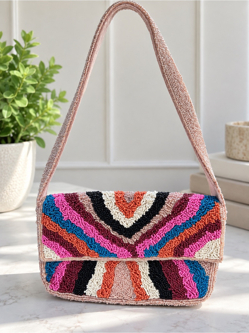 America & Beyond Multicolor Beaded Shoulder Bag Rainbow Statement Purse